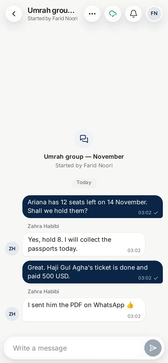 A team chat about a booking