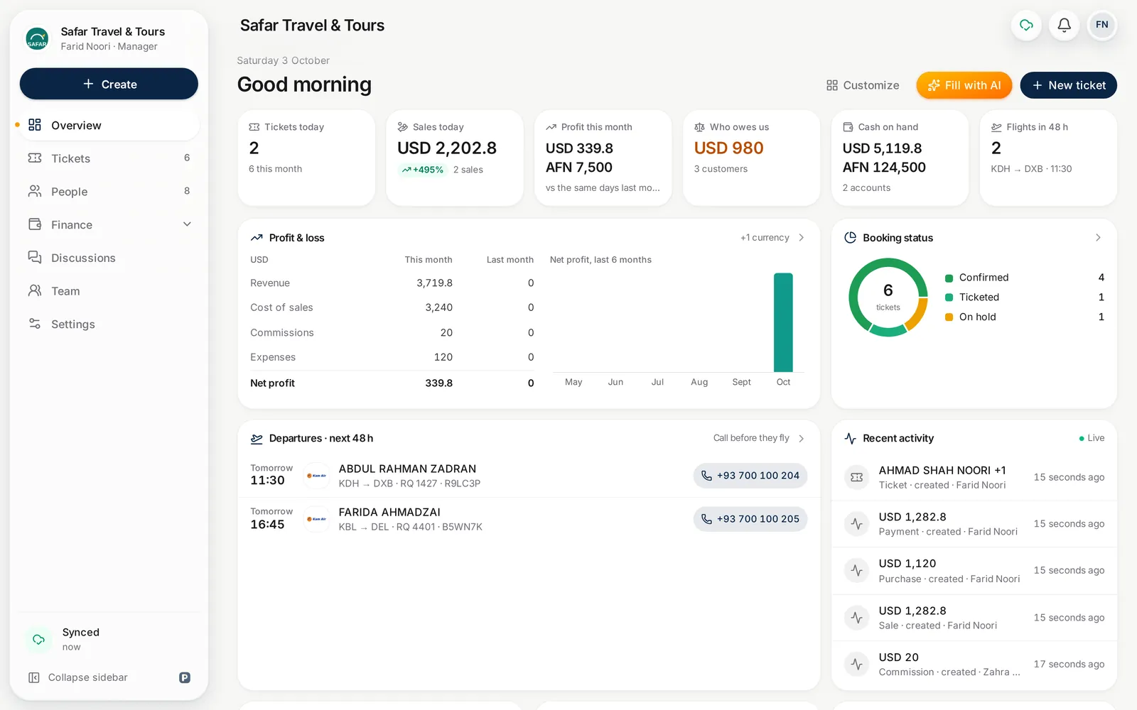 Parvaz on a computer: the agency's home screen with tickets and money