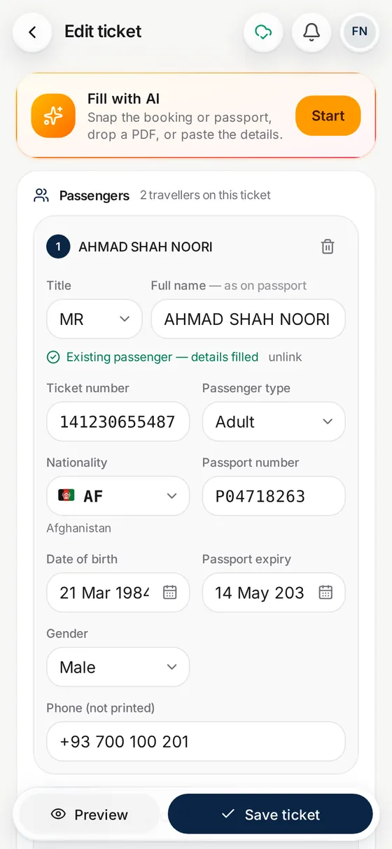 A ticket filled in by AI: passenger, flights and fare