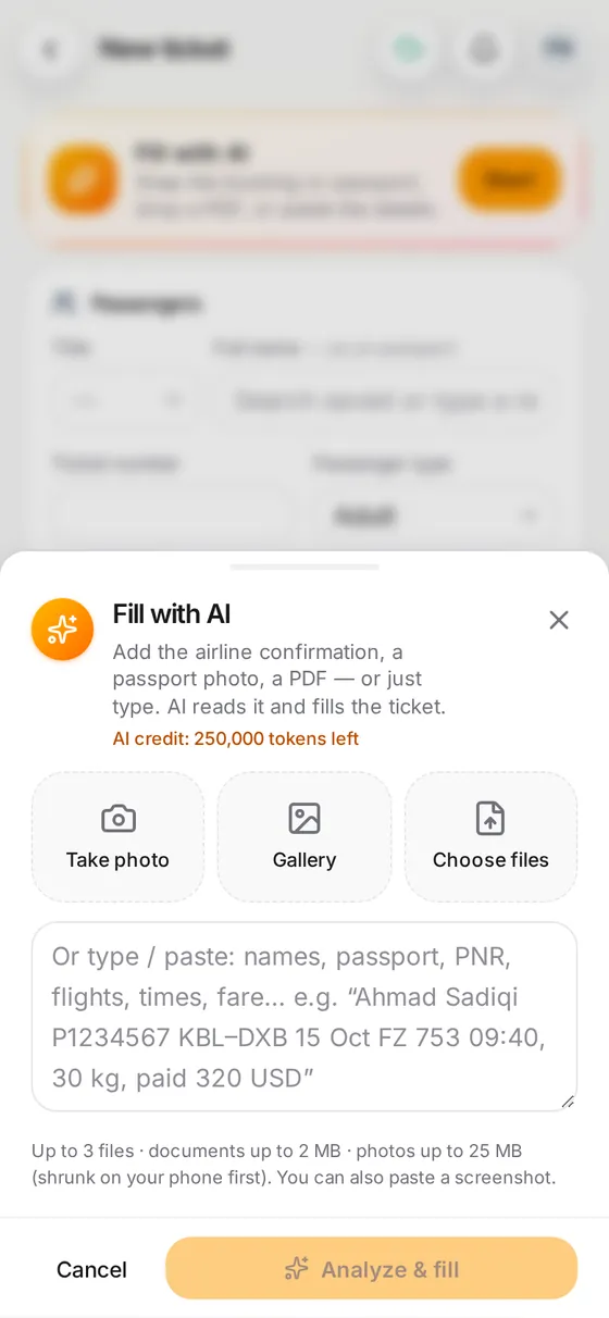 Parvaz asks for a photo, a PDF or text to fill the ticket