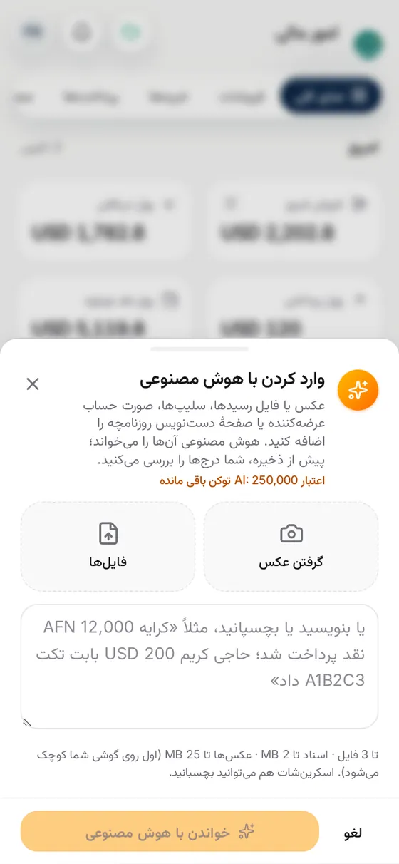 صفحه حسابها با پول آمده و رفته امروز